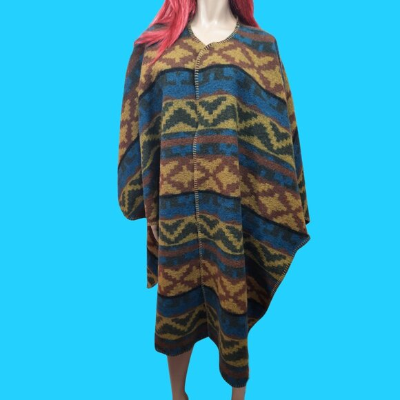 Vintage 90s Wool Blanket Coat Wrap Cape Poncho Southwestern Aztec One Size Boho - Picture 2 of 6